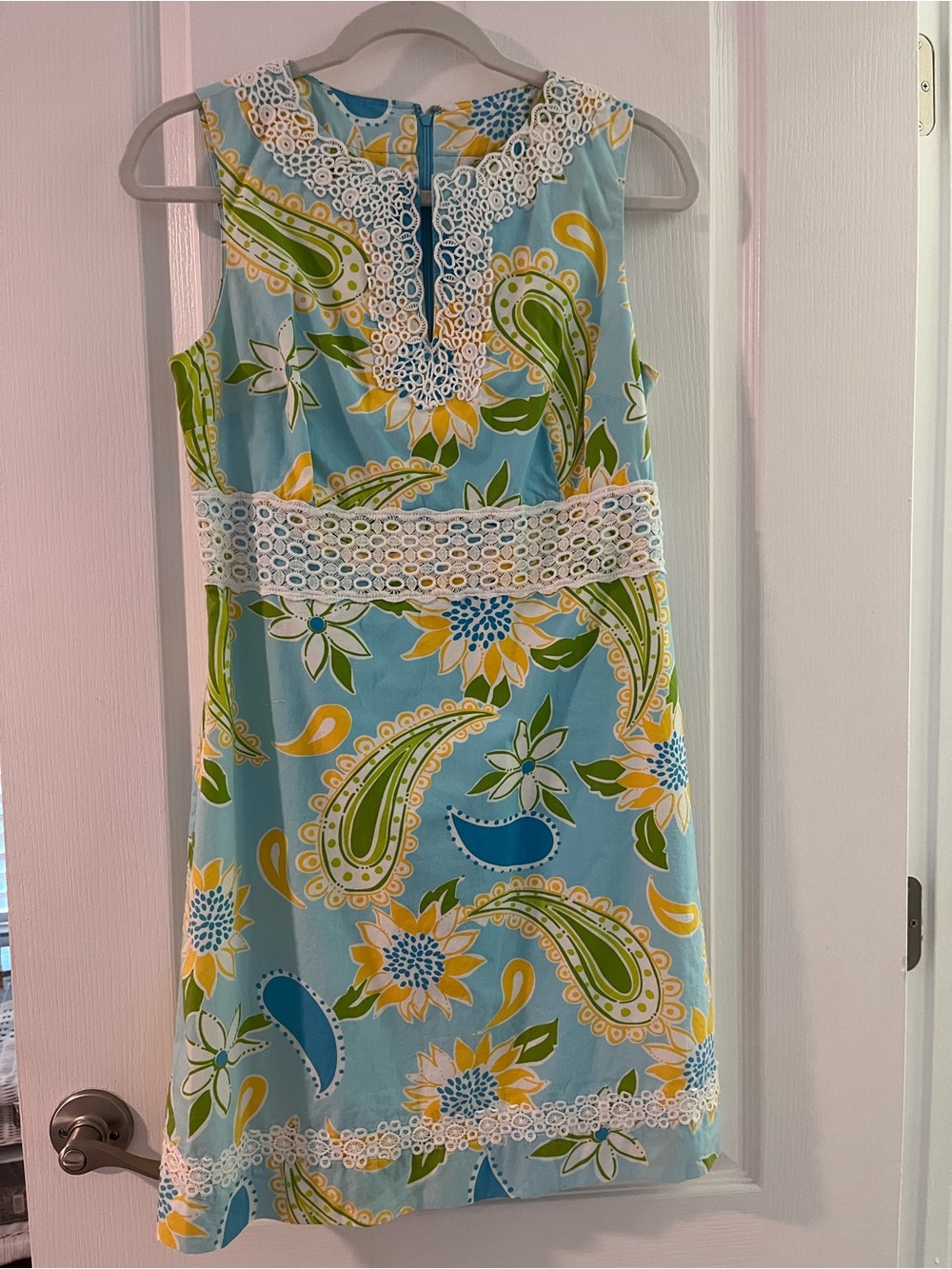 Lilly Pulitzer Aqua Paisley Floral Midi Dress with White Lace